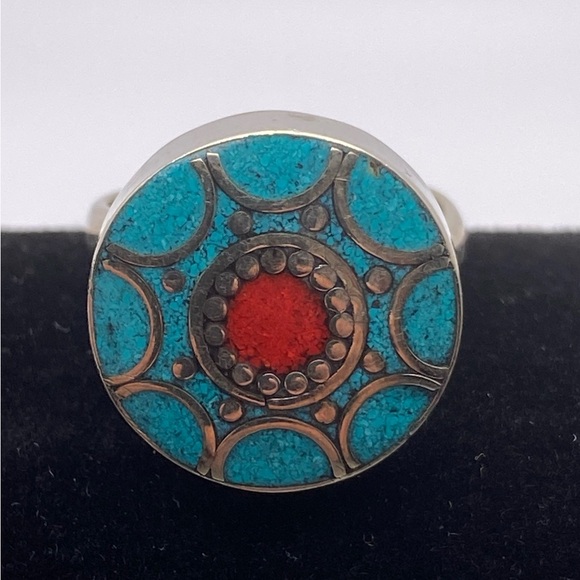 Tibetan Jewelry - Tibetan Silver Ring Size 9 Adjustable Lapis & Coral Made in Tibet